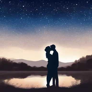 In the romantic novel, the couple shared a kiss under the starry outdoor sky.