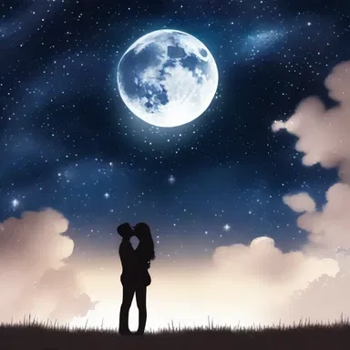 In the romantic novel, the couple shared a kiss under the starry outdoor sky.