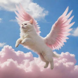 Cats and dogs endowed with glossy feathered wings, taking flight together in a sky filled with cotton-candy clouds and radiant sunshine.