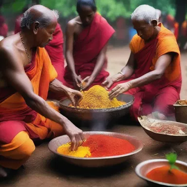 As part of a sacred ritual, the devotees would pulverize herbs and spices, releasing their aromatic properties as an offering to the deities.