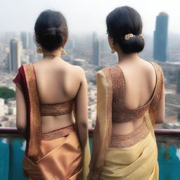 A close-up, high-quality photograph of two girls in backless sarees on a rooftop