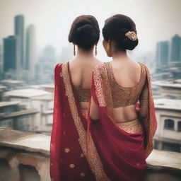 A close-up, high-quality photograph of two girls in backless sarees on a rooftop