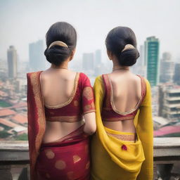 A close-up, high-quality photograph of two girls in backless sarees on a rooftop