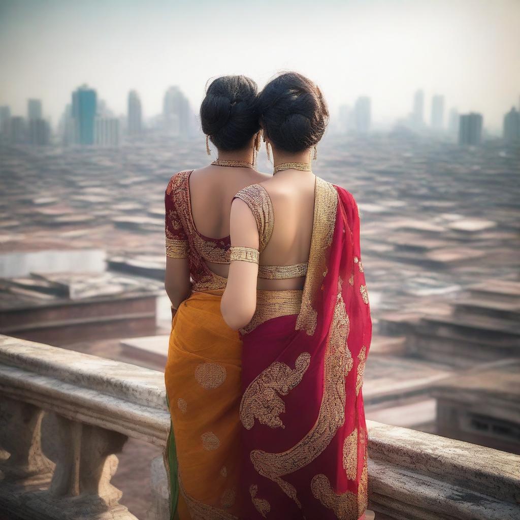 A close-up, high-quality photograph of two girls in backless sarees on a rooftop