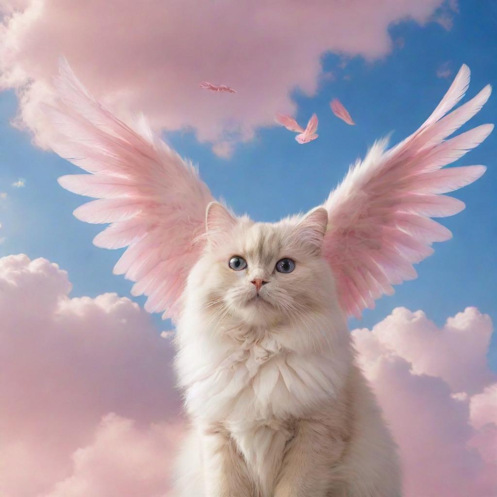 Cats and dogs endowed with glossy feathered wings, taking flight together in a sky filled with cotton-candy clouds and radiant sunshine.