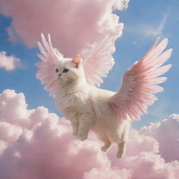 Cats and dogs endowed with glossy feathered wings, taking flight together in a sky filled with cotton-candy clouds and radiant sunshine.