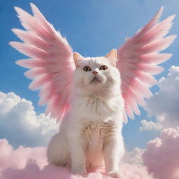 Cats and dogs endowed with glossy feathered wings, taking flight together in a sky filled with cotton-candy clouds and radiant sunshine.