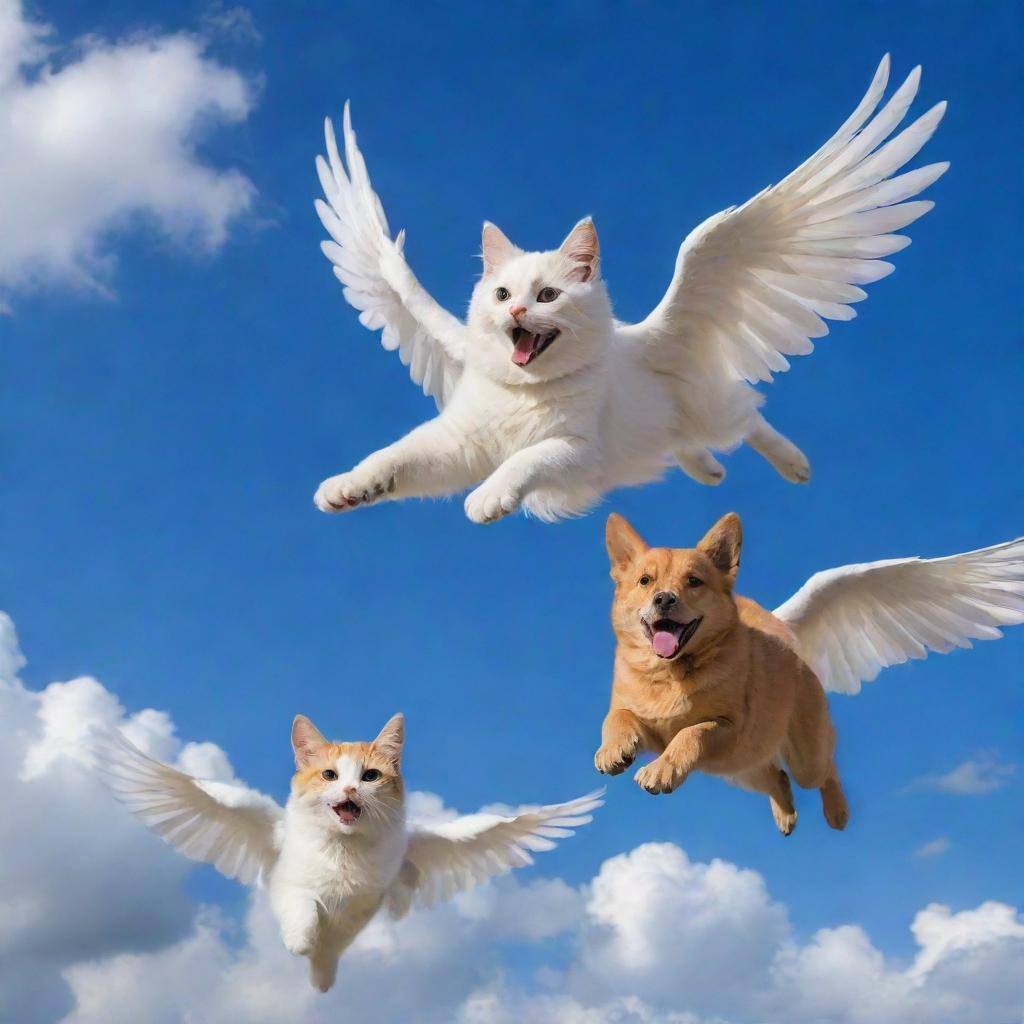 Cats and dogs joyously soaring into the sky, equipped with feathered wings, against a backdrop of deep blue sky and fluffy clouds.