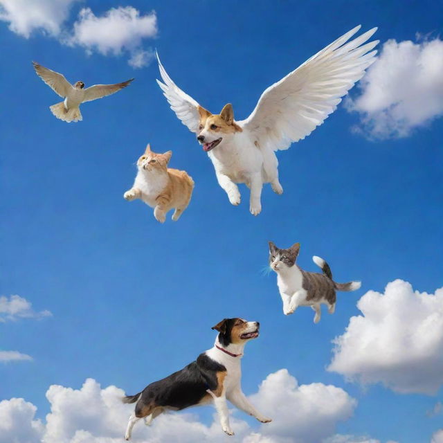 Cats and dogs joyously soaring into the sky, equipped with feathered wings, against a backdrop of deep blue sky and fluffy clouds.