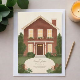 A tastefully designed housewarming ceremony invitation featuring a cozy, inviting home with a warm glow radiating from the windows, surrounded by beautiful landscaping.