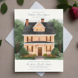 A tastefully designed housewarming ceremony invitation featuring a cozy, inviting home with a warm glow radiating from the windows, surrounded by beautiful landscaping.