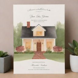 A tastefully designed housewarming ceremony invitation featuring a cozy, inviting home with a warm glow radiating from the windows, surrounded by beautiful landscaping.