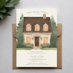 A tastefully designed housewarming ceremony invitation featuring a cozy, inviting home with a warm glow radiating from the windows, surrounded by beautiful landscaping.