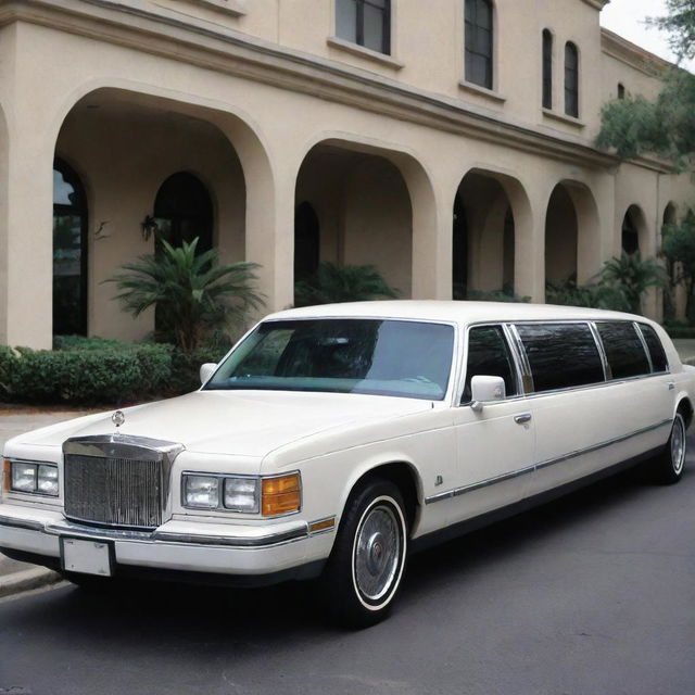 An image of a 1990s-style limousine, featuring classic design elements of the era, with its long form, spacious and luxurious interiors, and smooth lines.