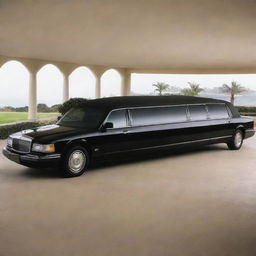 An image of a 1990s-style limousine, featuring classic design elements of the era, with its long form, spacious and luxurious interiors, and smooth lines.