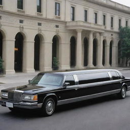 An image of a 1990s-style limousine, featuring classic design elements of the era, with its long form, spacious and luxurious interiors, and smooth lines.