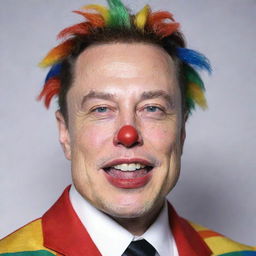 Elon Musk donned with a tastefully exaggerated, colorful clown makeup, featuring a red nose, rainbow wig, and exaggerated eyebrows, expressing a joyous and playful demeanor.