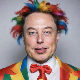 Elon Musk donned with a tastefully exaggerated, colorful clown makeup, featuring a red nose, rainbow wig, and exaggerated eyebrows, expressing a joyous and playful demeanor.