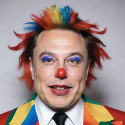 Elon Musk donned with a tastefully exaggerated, colorful clown makeup, featuring a red nose, rainbow wig, and exaggerated eyebrows, expressing a joyous and playful demeanor.