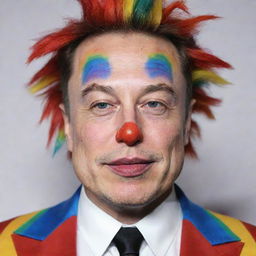 Elon Musk donned with a tastefully exaggerated, colorful clown makeup, featuring a red nose, rainbow wig, and exaggerated eyebrows, expressing a joyous and playful demeanor.