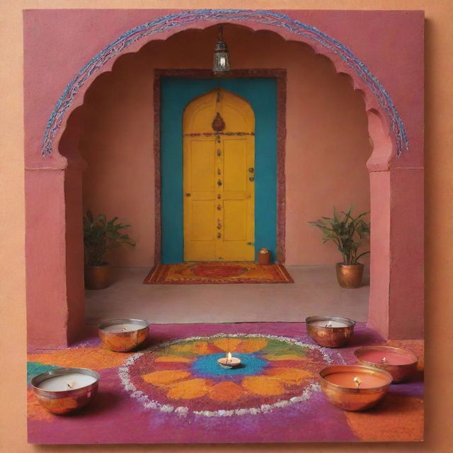 A traditional Indian housewarming ceremony invitation for Saranya, featuring a beautifully decorated Indian home with vibrant colors, a welcoming rangoli at the entrance, and flickering diyas (oil lamps).