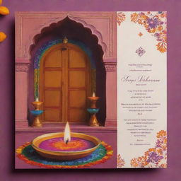 A traditional Indian housewarming ceremony invitation for Saranya, featuring a beautifully decorated Indian home with vibrant colors, a welcoming rangoli at the entrance, and flickering diyas (oil lamps).