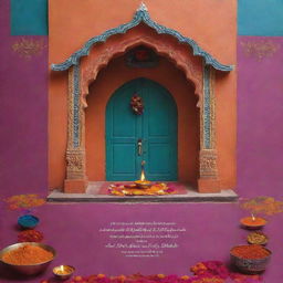 A traditional Indian housewarming ceremony invitation for Saranya, featuring a beautifully decorated Indian home with vibrant colors, a welcoming rangoli at the entrance, and flickering diyas (oil lamps).