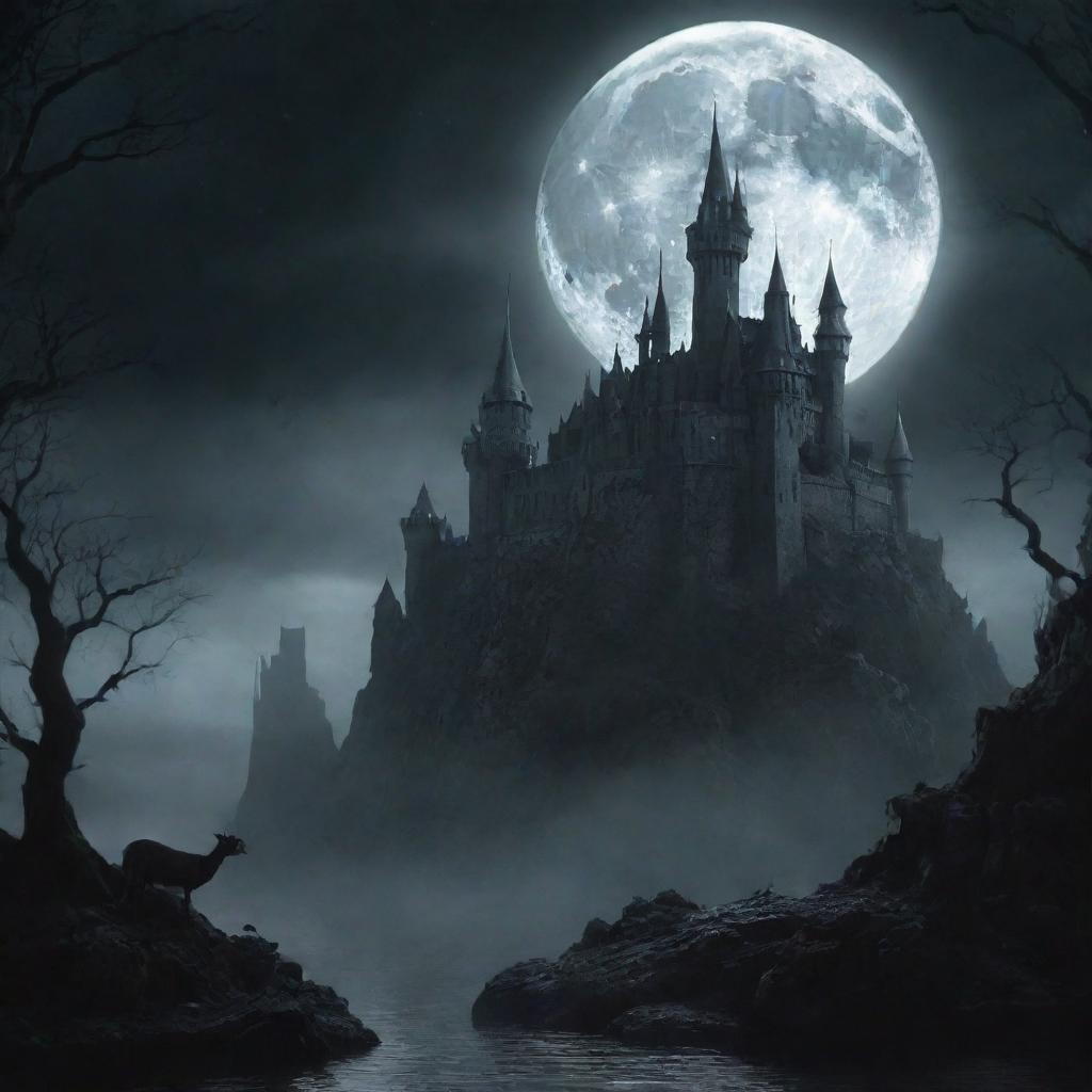 Create a dark fantasy scene, filled with eerie landscapes, mystical creatures lurking in shadows, and a moonlit castle in the distance.