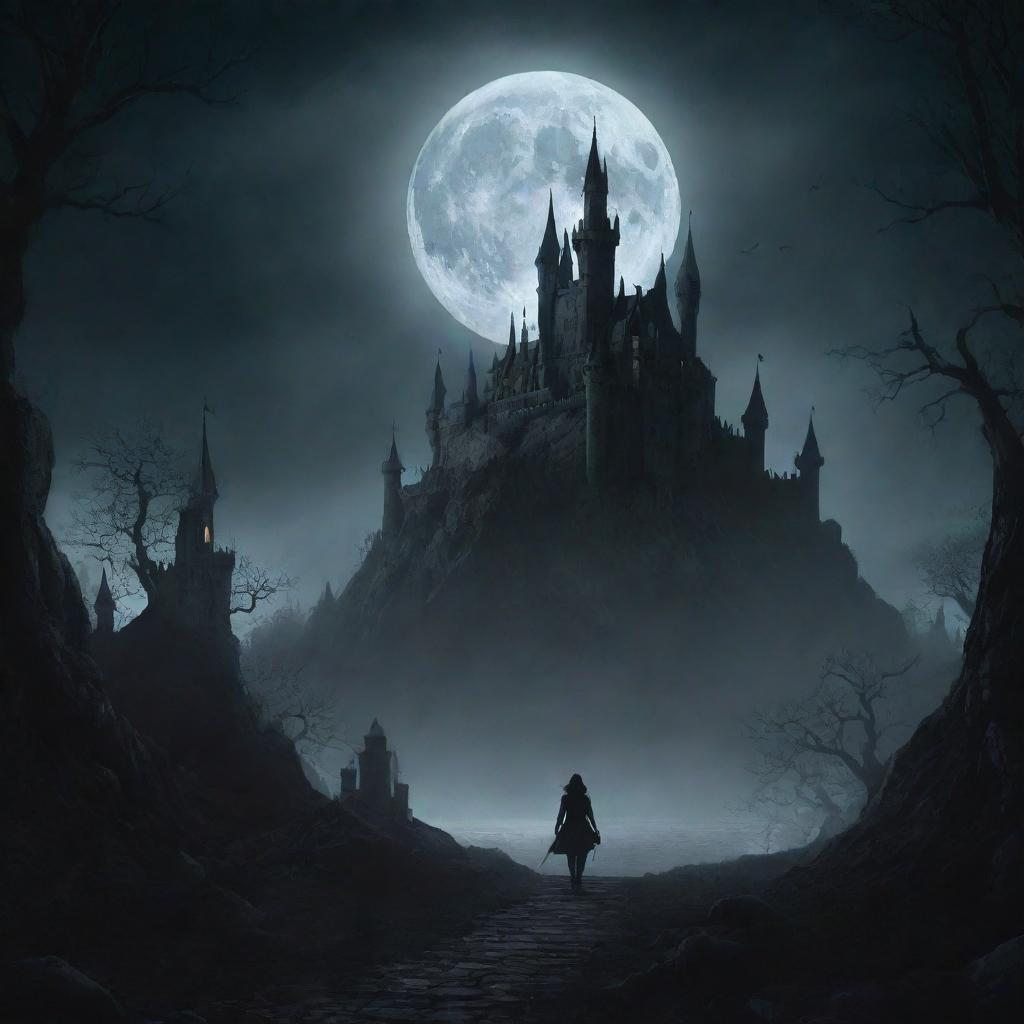 Create a dark fantasy scene, filled with eerie landscapes, mystical creatures lurking in shadows, and a moonlit castle in the distance.