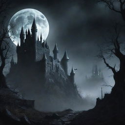 Create a dark fantasy scene, filled with eerie landscapes, mystical creatures lurking in shadows, and a moonlit castle in the distance.