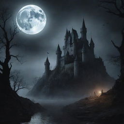 Create a dark fantasy scene, filled with eerie landscapes, mystical creatures lurking in shadows, and a moonlit castle in the distance.