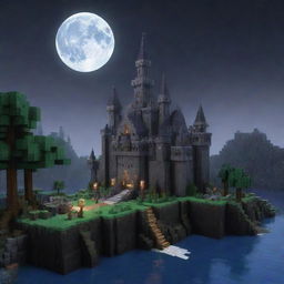 Generate a Minecraft scene with dark fantasy elements, including pixelated eerie landscapes, blocky mystical creatures, and a moonlit castle made of Minecraft blocks in the distance.