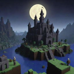 Generate a Minecraft scene with dark fantasy elements, including pixelated eerie landscapes, blocky mystical creatures, and a moonlit castle made of Minecraft blocks in the distance.