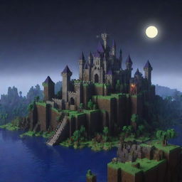 Generate a Minecraft scene with dark fantasy elements, including pixelated eerie landscapes, blocky mystical creatures, and a moonlit castle made of Minecraft blocks in the distance.