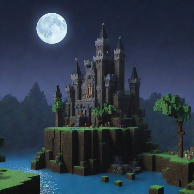 Generate a Minecraft scene with dark fantasy elements, including pixelated eerie landscapes, blocky mystical creatures, and a moonlit castle made of Minecraft blocks in the distance.