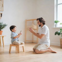 A joyful child and his music teacher playing instruments together in a bright, minimalist-style room.