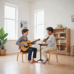 A joyful child and his music teacher playing instruments together in a bright, minimalist-style room.