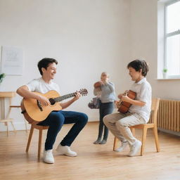 A joyful child and his music teacher playing instruments together in a bright, minimalist-style room.