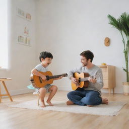 A joyful child and his music teacher playing instruments together in a bright, minimalist-style room.