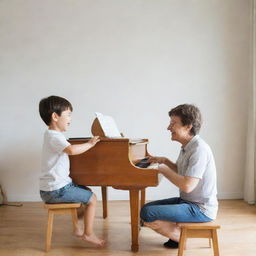 A joyful small child and his music teacher joyfully playing a piano together in a bright, minimalist-style room.