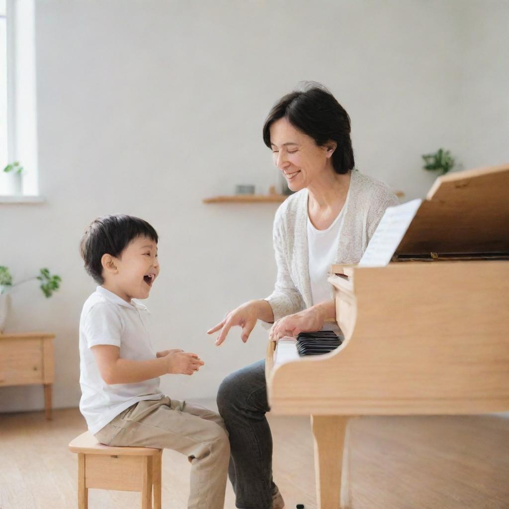 A joyful small child and his music teacher joyfully playing a piano together in a bright, minimalist-style room.