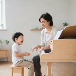 A joyful small child and his music teacher joyfully playing a piano together in a bright, minimalist-style room.