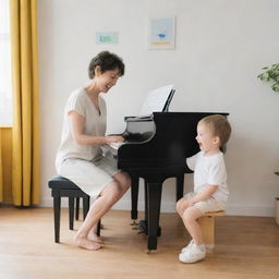 A joyful small child and his music teacher joyfully playing a piano together in a bright, minimalist-style room.