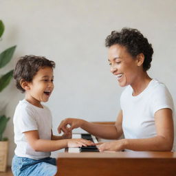 A joyful small child and his music teacher joyfully playing a piano together in a bright, minimalist-style room.