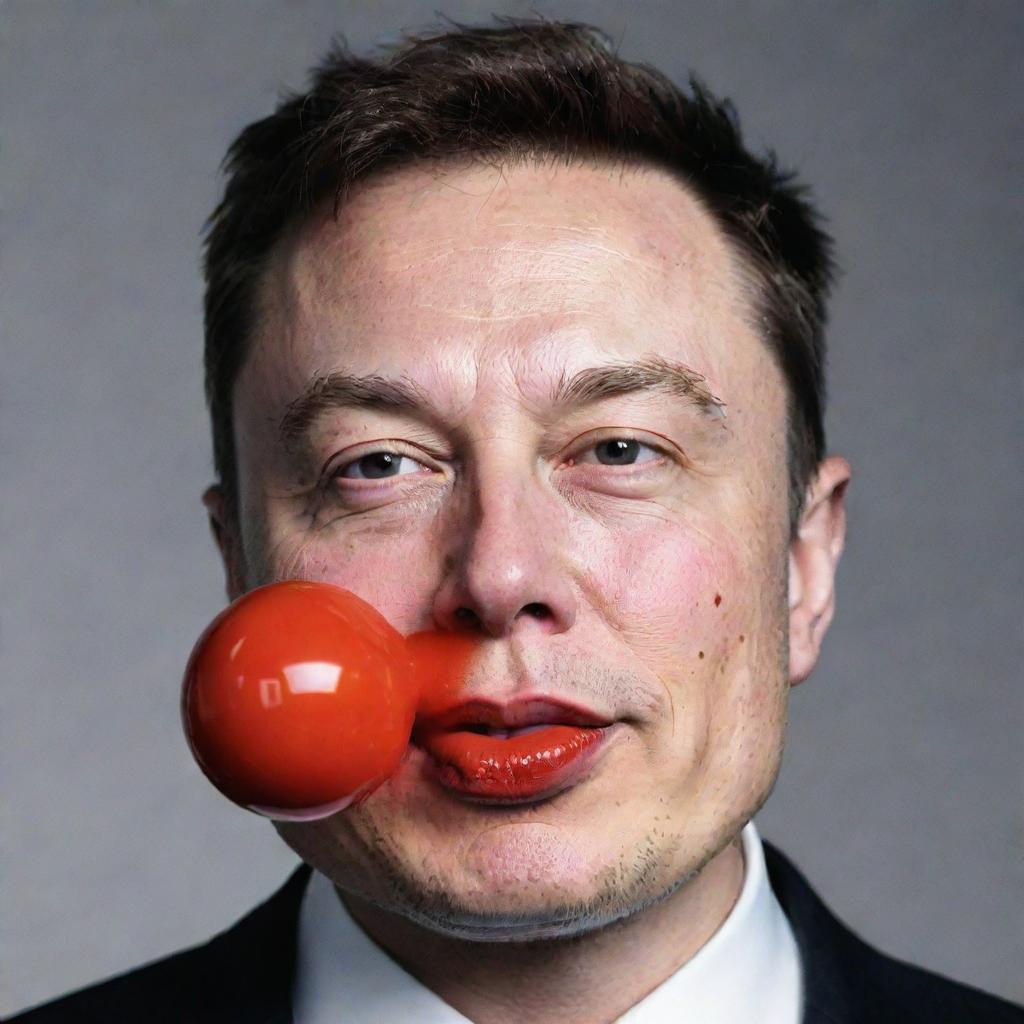 Elon Musk with a whimsically bright red clown nose