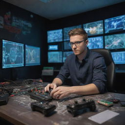 A chemical engineer transitioning into a professional gamer surrounded by complex machinery, formulas scribbled around him, holding a gaming controller amidst electronic screens displaying high-level video games.