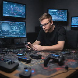 A chemical engineer transitioning into a professional gamer surrounded by complex machinery, formulas scribbled around him, holding a gaming controller amidst electronic screens displaying high-level video games.