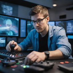 A chemical engineer transitioning into a professional gamer surrounded by complex machinery, formulas scribbled around him, holding a gaming controller amidst electronic screens displaying high-level video games.