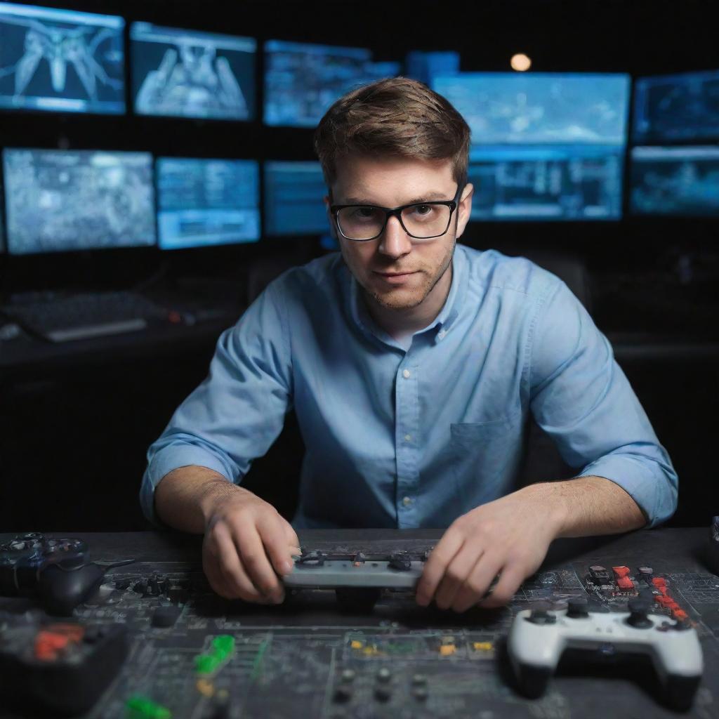 A chemical engineer transitioning into a professional gamer surrounded by complex machinery, formulas scribbled around him, holding a gaming controller amidst electronic screens displaying high-level video games.