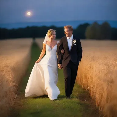 The couple enjoyed a romantic evening strolling through the fields adorned with oasts under the moonlight.